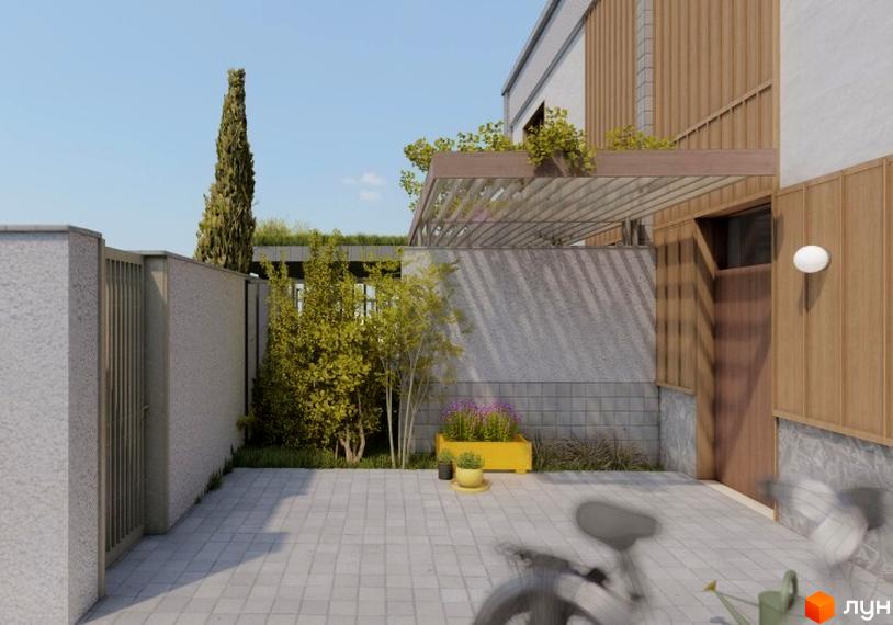 Фасад таунхауса Luxor Gardens оздоблений світлими панелями та дерев'яними елементами, з зеленою покрівлею. Прибудинкова територія має мощення, рослини та огорожу.