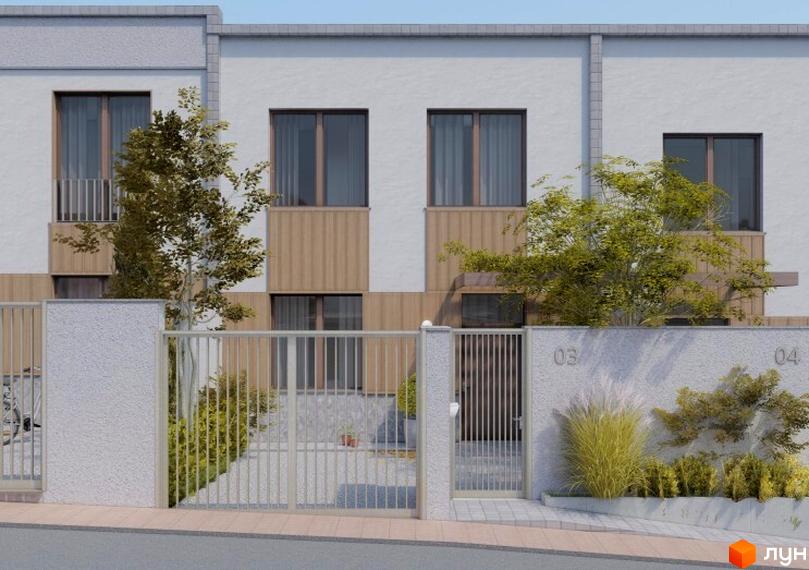 Таунхаус Luxor Gardens з білими фасадами та дерев'яними вставками, перед яким розташований паркан з воротами та зелені насадження.