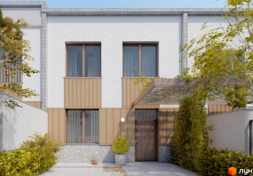 Фасад Таунхаус Luxor Gardens з білими стінами, дерев'яними панелями та вікнами. Прибудинкова територія з зеленими насадженнями та доріжками.
