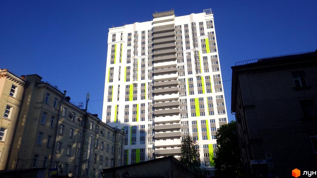 Новобудова ЖК Лук'янівський з яскравими зеленими елементами та сірими балконами на тлі синього неба. Поруч розташовані старіші будівлі.