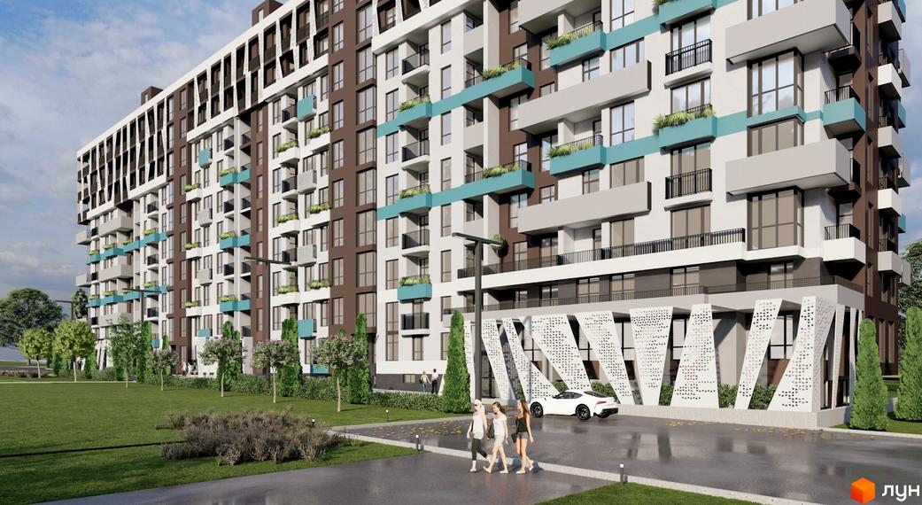 Зображення фасаду та прибудинкової території Будівельного проєкту Golden City. На передньому плані пішохідна зона з людьми.