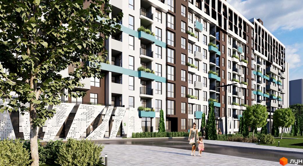 Зображення фасаду житлового комплексу Golden City з великими вікнами та балконами. На передньому плані пішохідна зона з деревами.