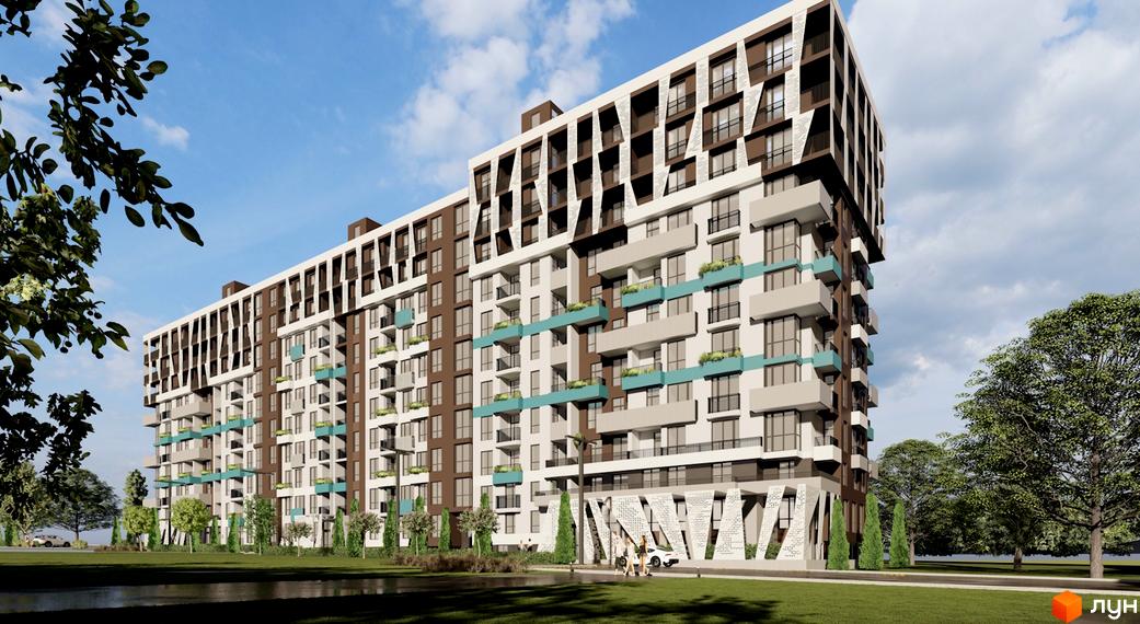 Житловий комплекс Golden City - багатоповерхова новобудова з коричнево-білим фасадом та блакитними елементами на балконах. Навколо будинку зелена зона з деревами та доглянутим газоном.