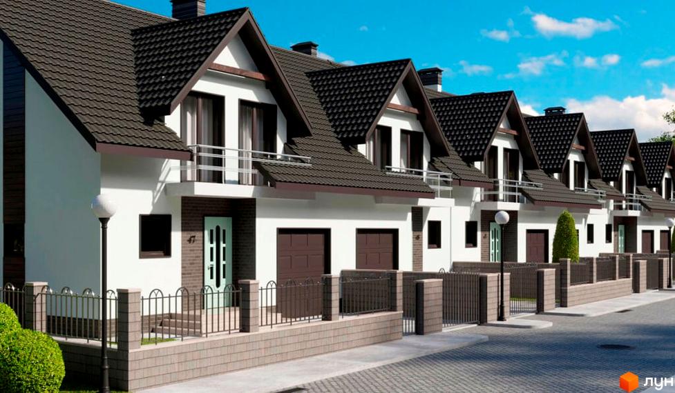 Котеджне містечко Green Horizon: ряд двоповерхових будинків з темно-коричневими дахами, білими фасадами, а також брукована дорога та огорожа.