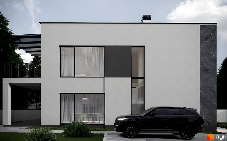 Зовнішній вигляд дуплексу Loft House з білим фасадом, великими вікнами та балконом. На подвір'ї чорний автомобіль та зелені кущі.