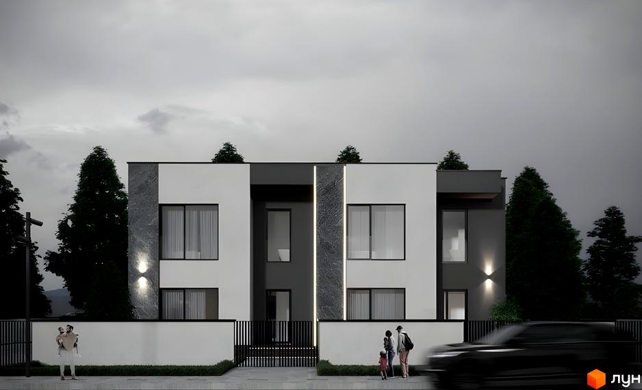 Зображення Дуплексів Loft House з двоповерховими будинками, що мають світло-сірий та темно-сірий фасад, великі вікна та декоративні елементи. Перед будинками видно огорожу, пішохідну зону та зелені насадження.