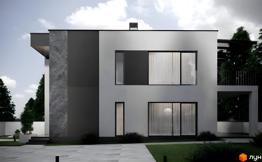 Фасад будинку Дуплекси Loft House з комбінованими сірими та білими стінами, кам'яним оздобленням і великими вікнами. Прибудинкова територія має газон та бруковану доріжку.