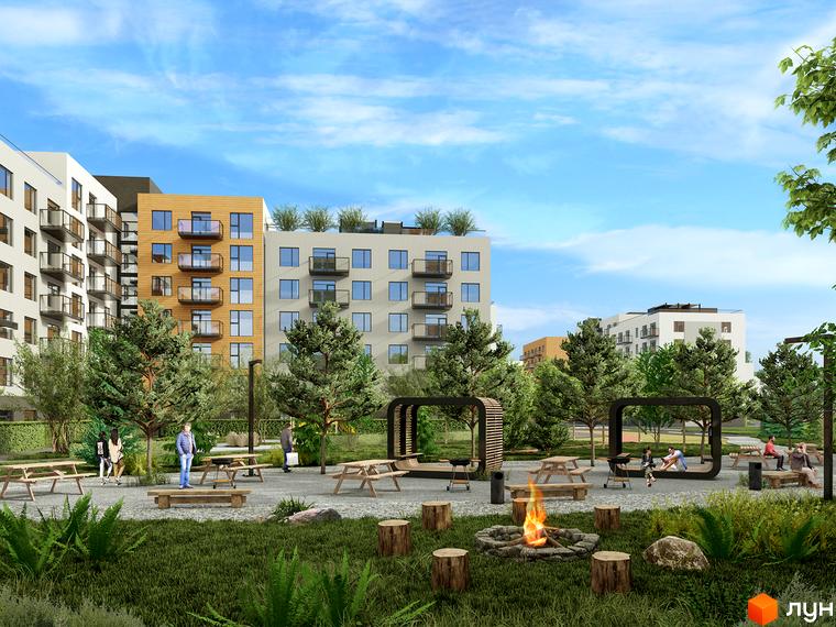 Житловий комплекс Містечко Південне: багатоповерхові будинки та облаштована прибудинкова територія з місцями для пікніків, деревами та вогнищем.