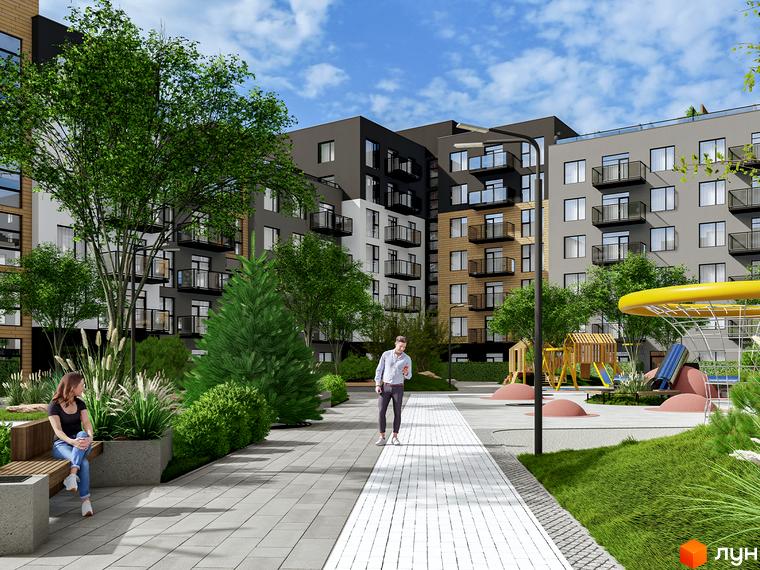 Комплекс Містечко Південне: будинки з сірими, білими, коричневими фасадами та балконами. Прибудинкова територія має зелені зони, доріжки, дитячий майданчик.