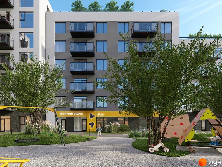 Житловий комплекс Містечко Південне з сірим фасадом, білим верхнім поверхом та заскленими балконами. Прибудинкова територія облаштована дитячим майданчиком та зеленими насадженнями.