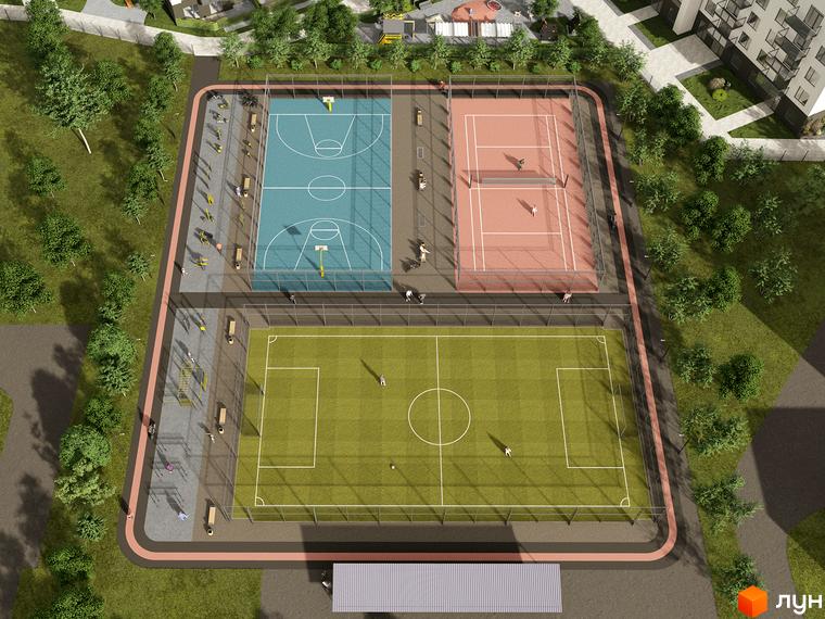 Вид зверху на територію Житлового комплексу Містечко Південне: житловий будинок, спортивні майданчики для баскетболу, тенісу та футболу, зелені зони.