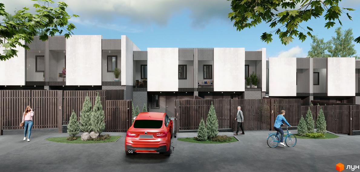 Таунхаус Новоолександрівський: фасади з білими панелями та дерев'яними рейками, огороджена територія з парканом, червоний автомобіль та зелені насадження.