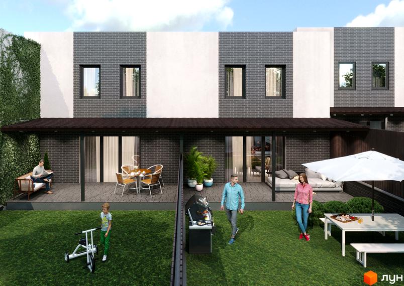 Таунхаус Новоолександрівський з цегляним фасадом та прибудинковою територією з газоном і зоною барбекю. На території є люди та меблі для відпочинку.