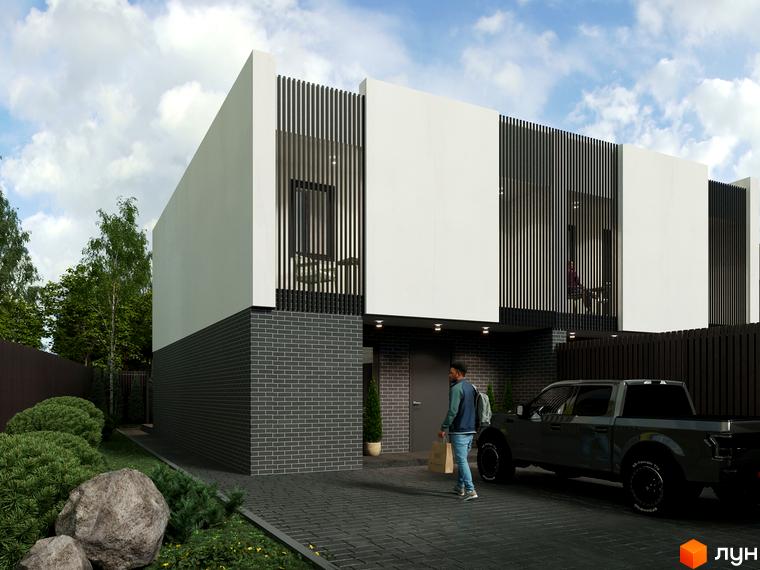 Таунхаус Новоолександрівський з цегляним цоколем та білими стінами, прибудинкова територія з доглянутими кущами та паркуванням для пікапа.