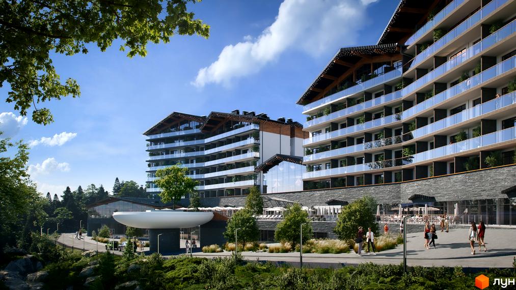 Apartel Skhidnytsya - сучасний житловий комплекс з багатоповерховими будинками та скляними балконами на тлі зелених дерев та блакитного неба.