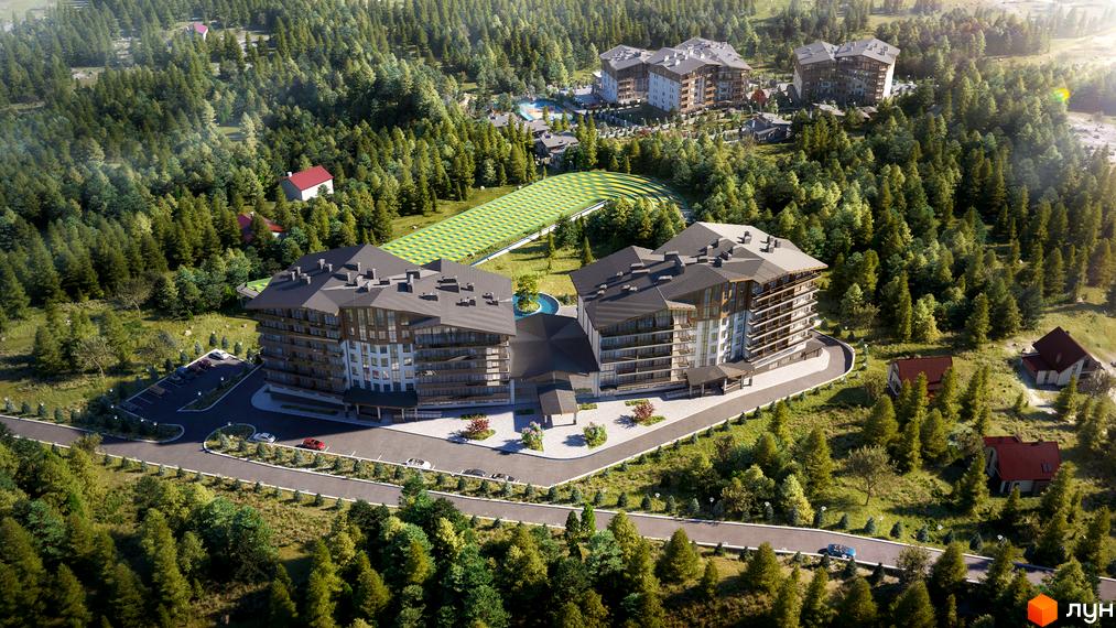 Apartel Skhidnytsya - комплекс з багатоповерховими будинками, розташований серед лісу, з доглянутою прибудинковою територією та паркінгом.
