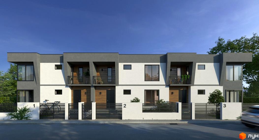 Ряд двоповерхових таунхаусів Dream Town з біло-сірими фасадами та балконами. Перед будинками облаштована прибудинкова територія з огорожами та воротами.