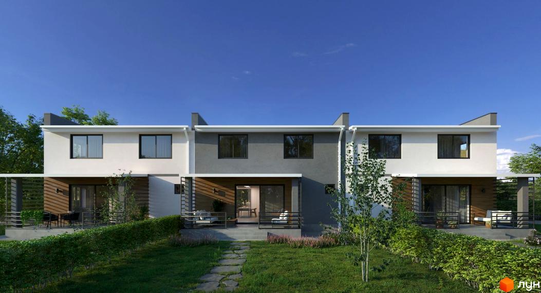 Зображення таунхаусів Dream Town з білими та сірими фасадами, великими вікнами та терасами. Перед будинками зелений газон та доріжка.