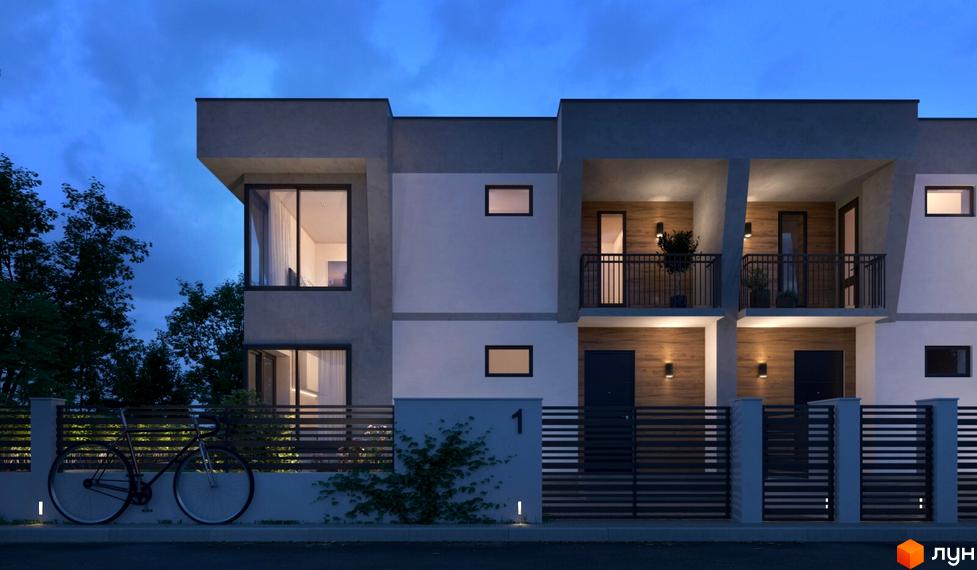 Таунхаус Dream Town: будівля з сіро-білим фасадом, великими вікнами та балконами з дерев'яними акцентами. Перед нею паркан, велосипед і зелень.