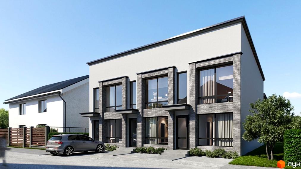 Фасад таунхаусів „Минайський затишок“ виконано з білої штукатурки та сірої цегли, з великими вікнами. Перед будинками є парковка для авто та доглянуті зелені насадження.