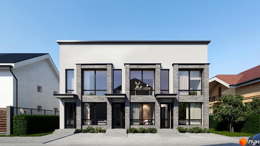 Зображення Таунхаусів „Минайський затишок“: триповерхові будинки з сірої цегли та світлим фасадом, великими вікнами. Перед ними доріжка та зелені насадження.