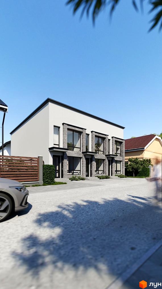 Таунхауси „Минайський затишок“ з фасадом світлого кольору та сірою цегляною обробкою. Перед будинками вимощена територія, зелені насадження та дерев'яний паркан.