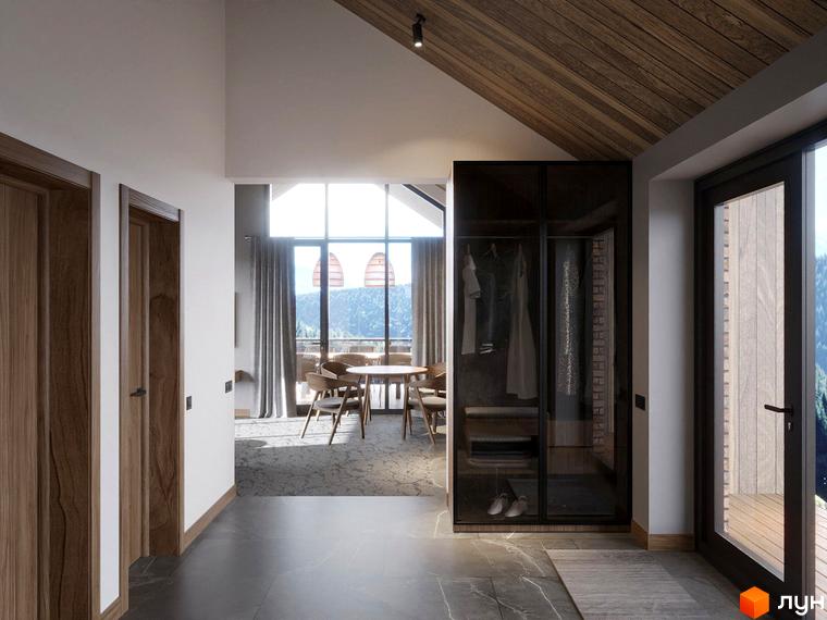 Інтер'єр Apartel Shayan Villas з видом на гори через великі вікна. У кімнаті дерев'яні меблі та шафа з прозорими дверцятами.