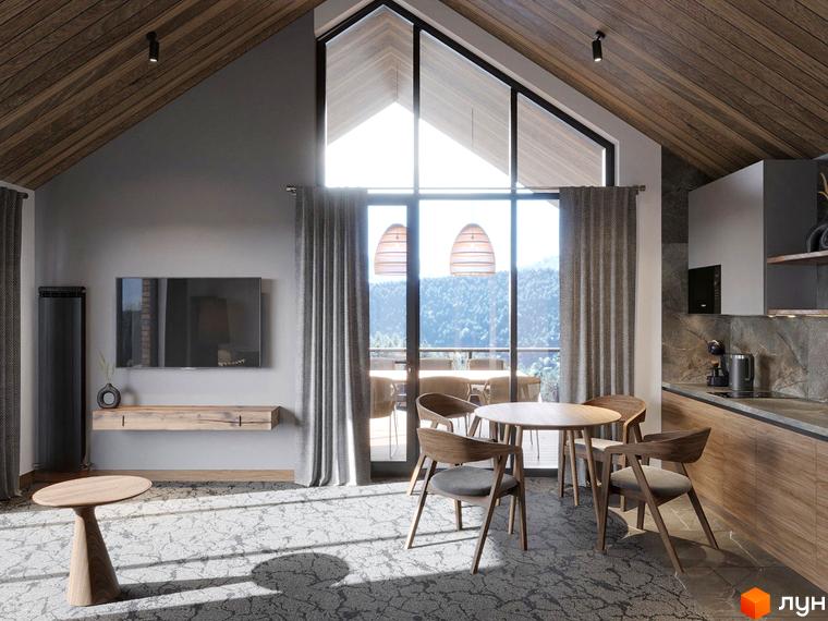 Інтер'єр вілли в Apartel Shayan Villas з панорамними вікнами, дерев'яною стелею та меблями. Затишна вітальня з кухнею та видом на гори.