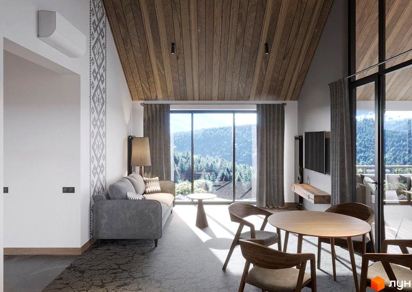 Інтер'єр апартаментів в ЖК Apartel Shayan Villas з панорамними вікнами та видом на гори. Дерев'яна стеля, диван, стіл та стільці створюють затишну атмосферу.