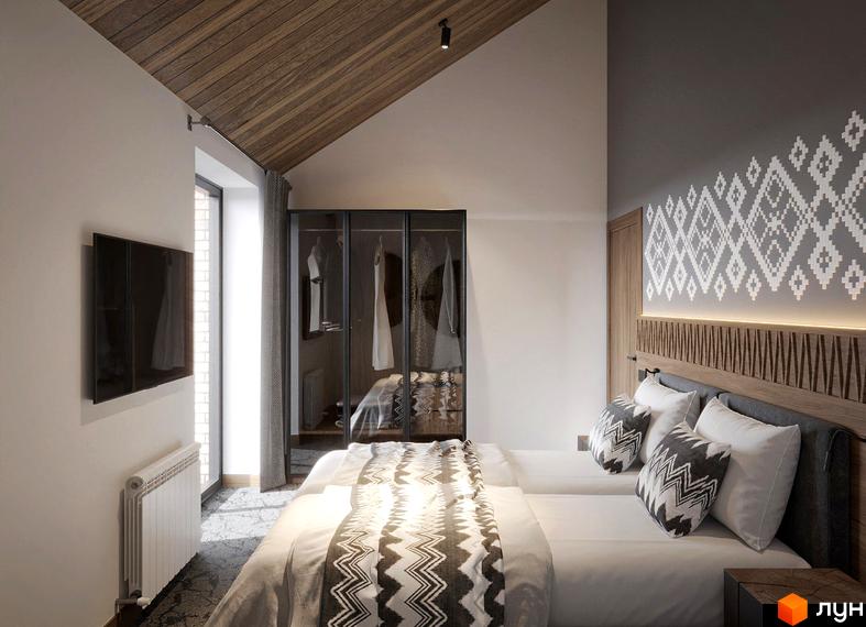 Сучасний інтер'єр спальні в Apartel Shayan Villas з двома ліжками, шафою-купе та телевізором на стіні.