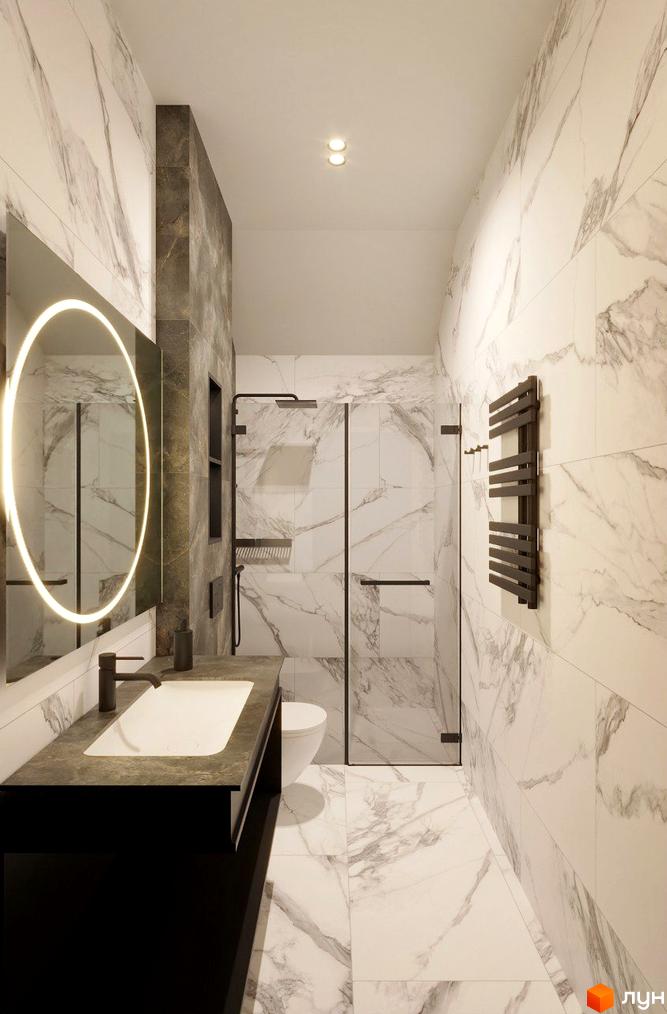 Ванна кімната в Apartel Shayan Villas з білими мармуровими стінами та підлогою, темною сантехнікою та душовою кабіною.