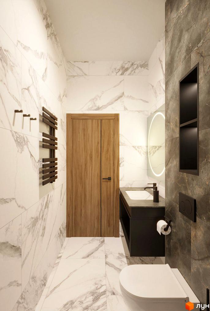 Сучасний дизайн ванної кімнати в Apartel Shayan Villas з мармуровою плиткою, дерев'яними елементами та підсвіченим дзеркалом.