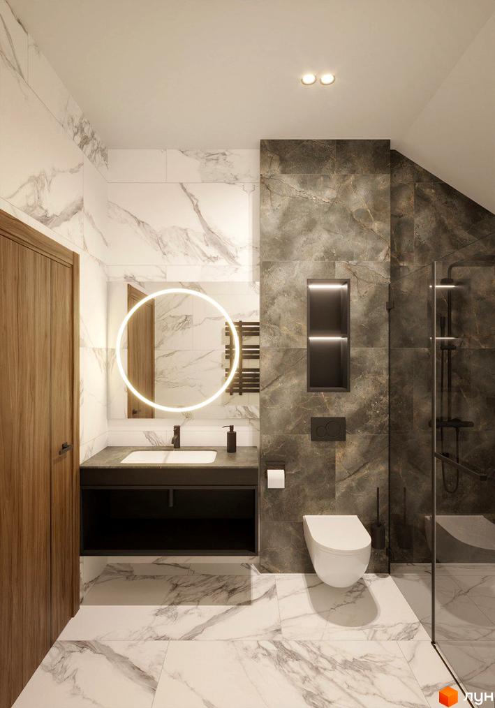 Сучасний дизайн ванної кімнати в Apartel Shayan Villas з мармуровим оздобленням та підсвіченим дзеркалом. Просторий душ та підвісний унітаз створюють комфорт.