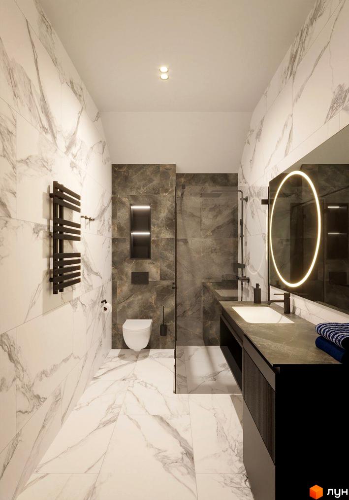 Сучасний дизайн ванної кімнати в Apartel Shayan Villas з мармуровими стінами та підлогою, підвісним унітазом та душовою кабіною.