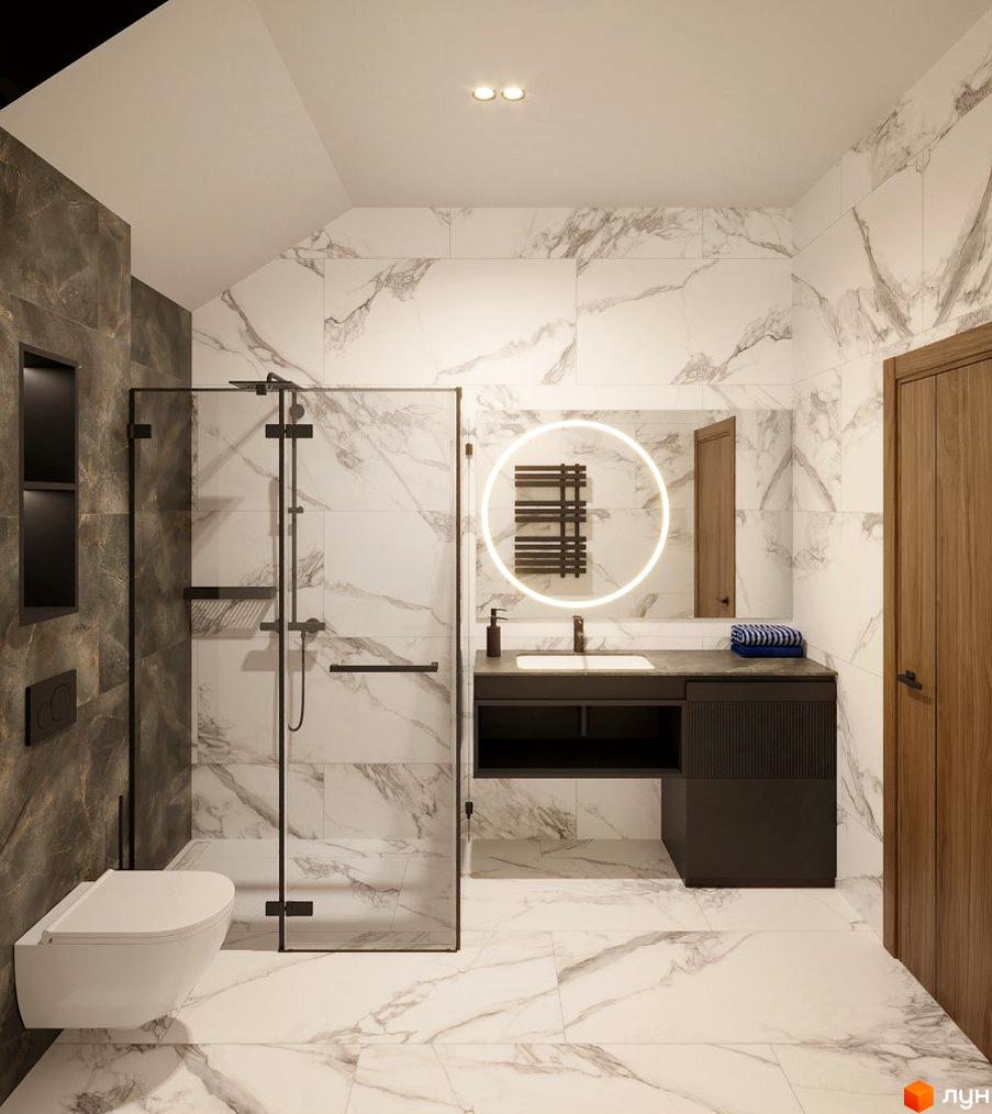 Сучасний дизайн ванної кімнати в Apartel Shayan Villas з мармуровою плиткою, душовою кабіною та підвісним унітазом.