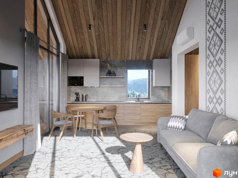 Інтер'єр студії Apartel Shayan Villas з кухнею, обідньою зоною та зоною відпочинку. Панорамні вікна з видом на гори.