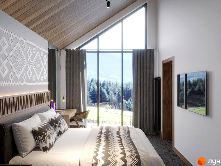 Apartel Shayan Villas: затишна спальня з панорамним вікном та видом на ліс. Сучасний дизайн інтер'єру.