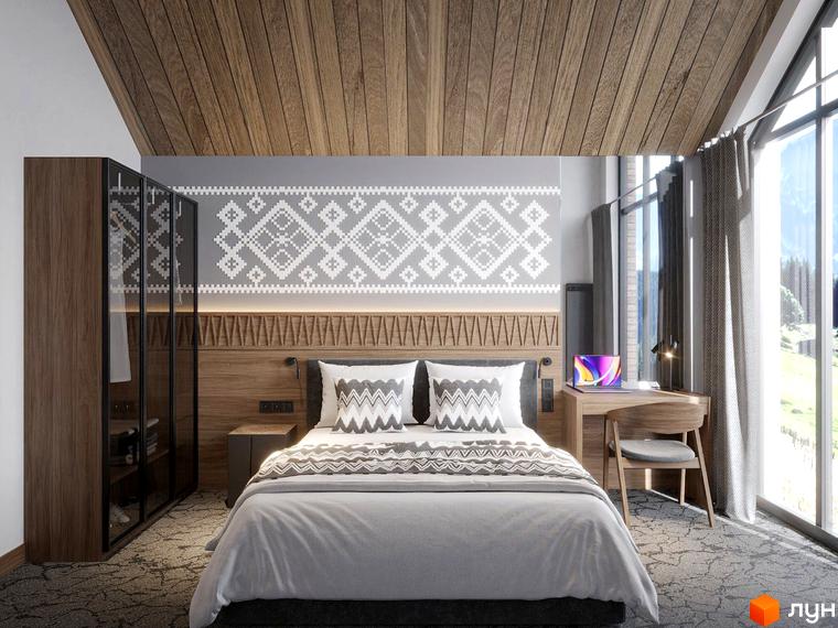 Сучасний номер в Apartel Shayan Villas з дерев'яною обробкою та панорамними вікнами, що виходять на гірський пейзаж.