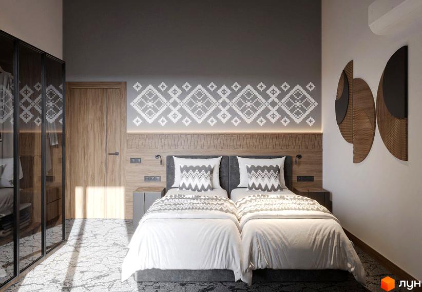 Інтер'єр спальні в Apartel Shayan Villas з двома ліжками та етнічним орнаментом на стіні. Сучасний дизайн та затишна атмосфера для відпочинку.