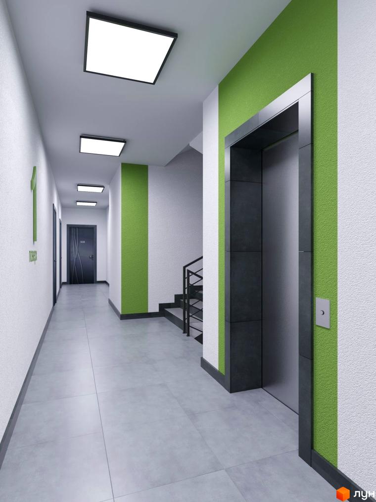 Сучасний коридор з ліфтом та дверима в ЖК Лісова Оселя. Світлі стіни та підлога створюють простір.