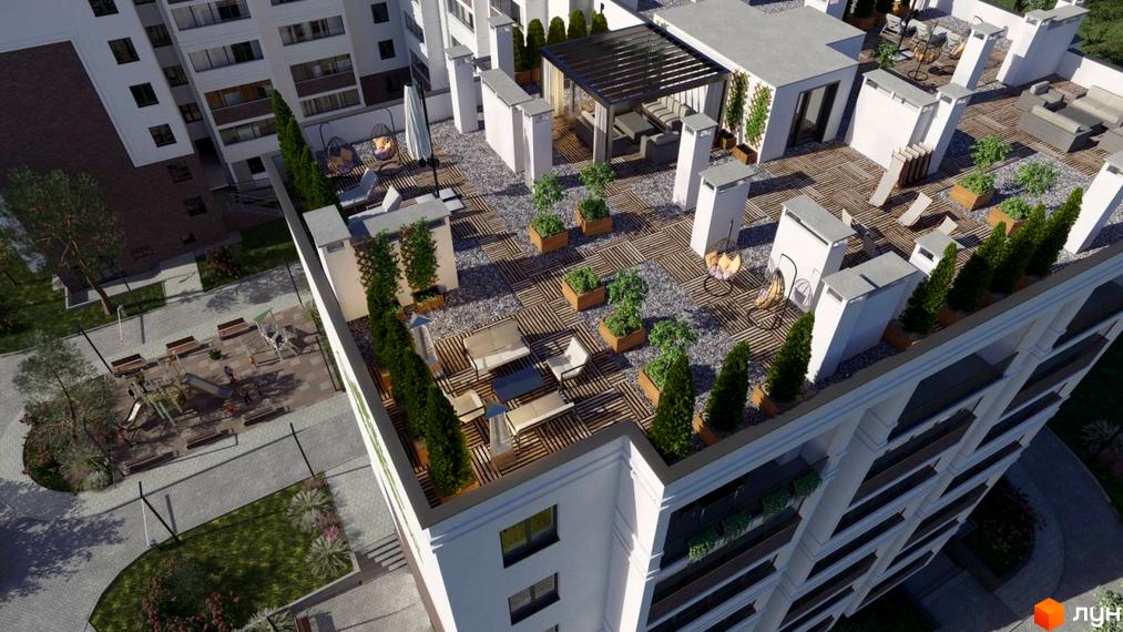 Житловий комплекс Лісова Оселя з терасою на даху та зоною відпочинку. Поруч дитячий майданчик та зелена зона.