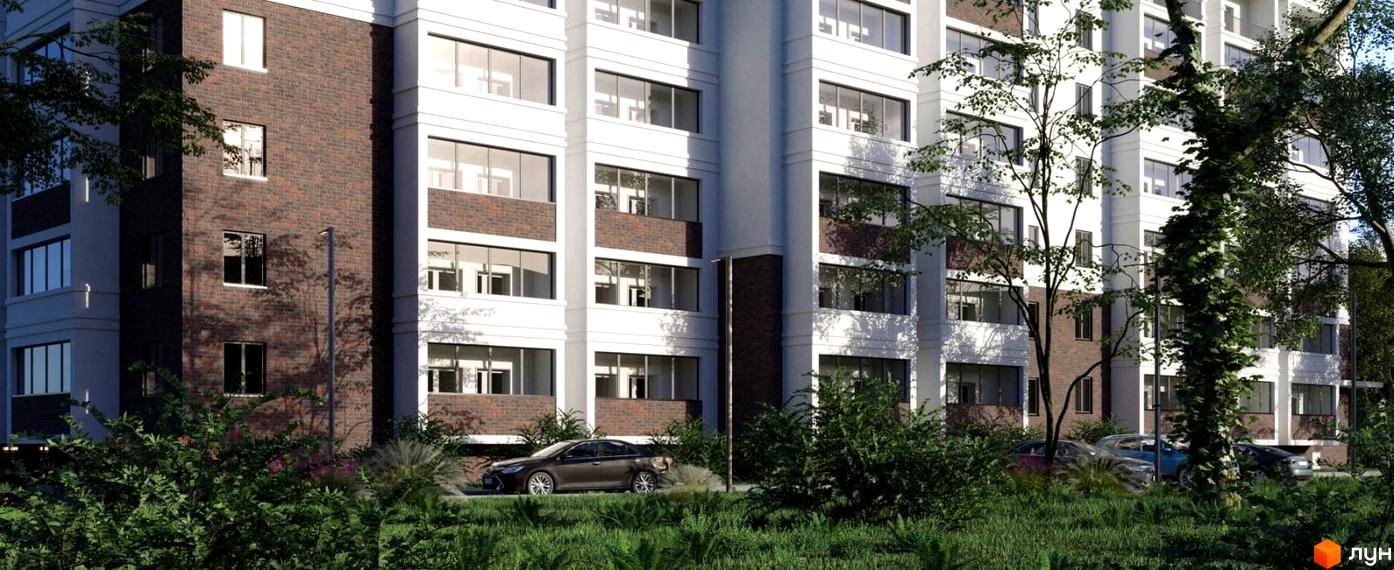 Зовнішній вигляд житлового комплексу Лісова Оселя з цегляними та білими фасадами, великими вікнами та зеленою прибудинковою територією з деревами та кущами.
