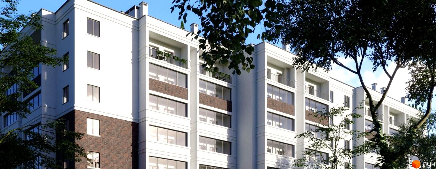 Зовнішній вигляд новобудови ЖК Лісова Оселя з цегляними елементами та балконами. Навколо будівлі зелені дерева.