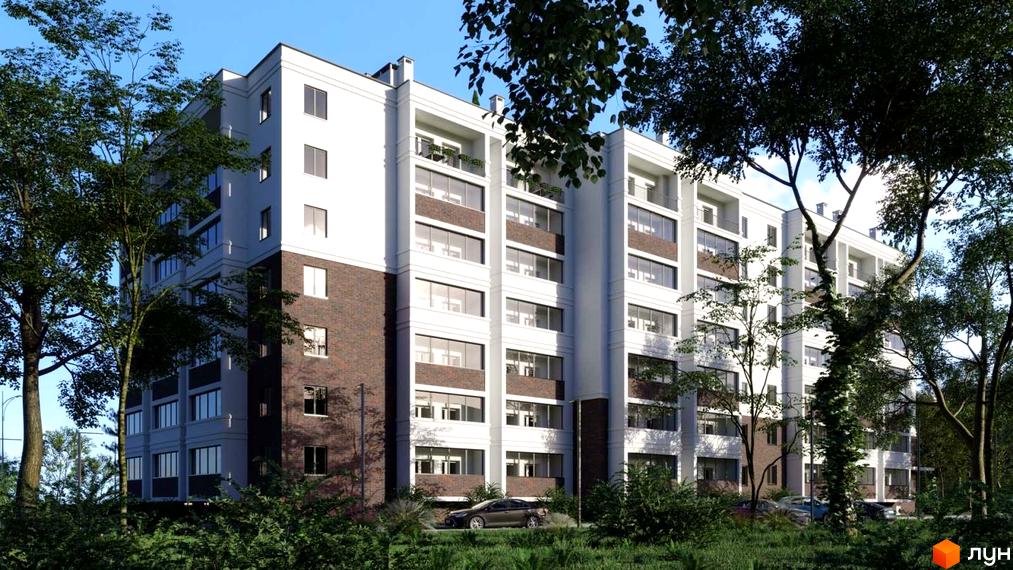 Зовнішній вигляд новобудови ЖК Лісова Оселя з цегляним оздобленням та великими вікнами, оточеної деревами та зеленню.