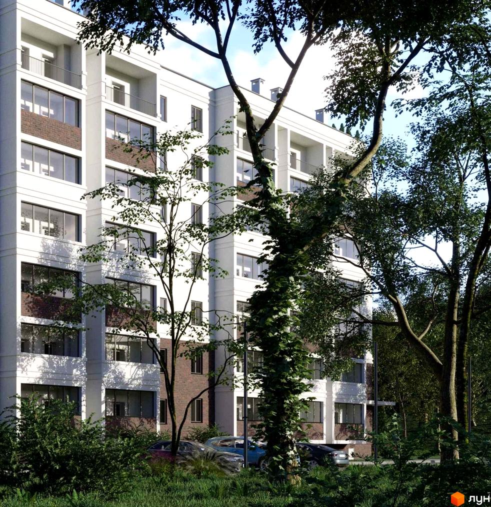 Житловий комплекс Лісова Оселя - це сучасна новобудова з великими вікнами та балконами, оточена зеленню та деревами.