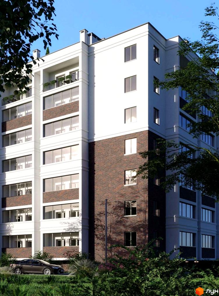 Зовнішній вигляд новобудови ЖК Лісова Оселя з цегляним оздобленням та балконами, поруч зелена зона з деревами та автомобілем.