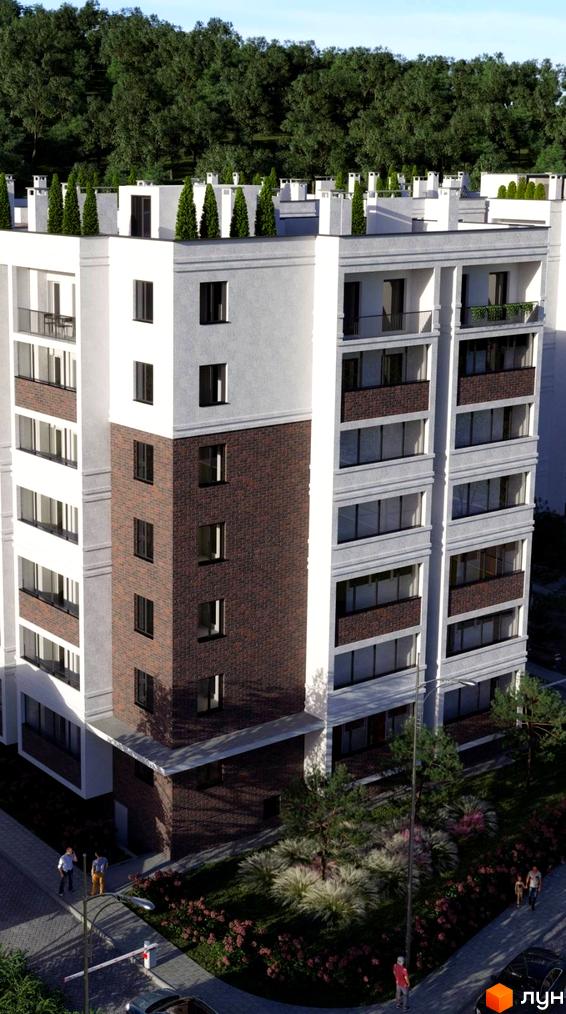 Зовнішній вигляд новобудови ЖК Лісова Оселя з цегляним оздобленням та балконами. На прибудинковій території висаджені дерева та кущі.