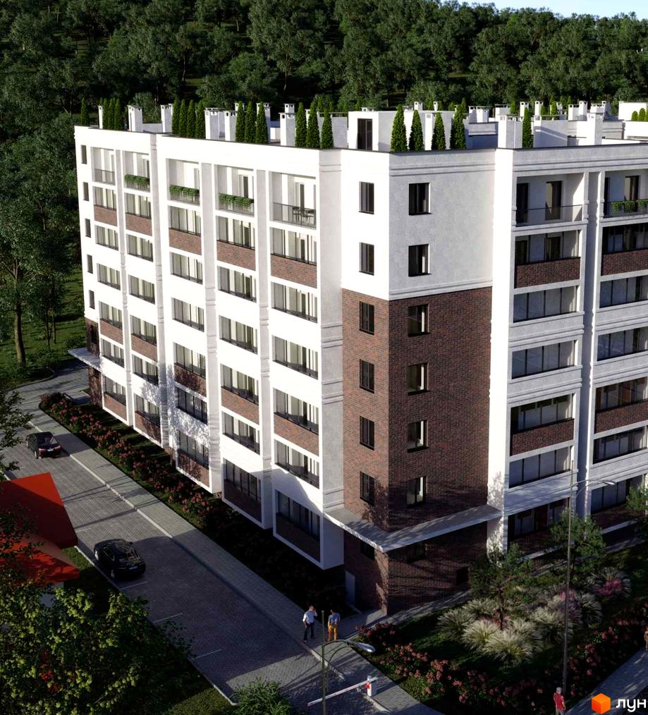 Зовнішній вигляд новобудови ЖК Лісова Оселя з цегляними вставками та балконами, що оточена деревами та облаштованою прибудинковою територією.