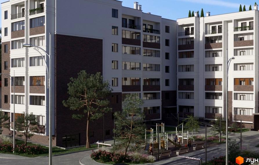 Зовнішній вигляд новобудови ЖК Лісова Оселя з фасадами білого та цегляного кольору, прибудинкова територія з дитячим майданчиком та зеленими насадженнями.