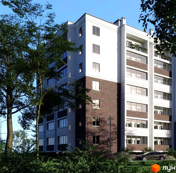 Житловий комплекс Лісова Оселя: фасади будинку з цегляним оздобленням та скляними балконами, зелена прибудинкова територія з деревами та автомобілем.